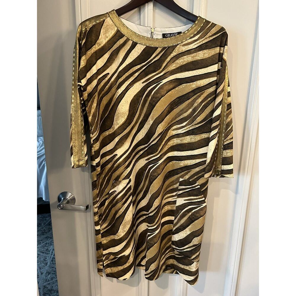 GRAYSE Black Label size S Brown/Gold Tiger Animal Print DRESS Pockets USA C23